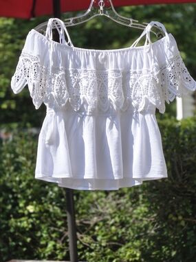 Denim & Supply Ralph Lauren White Cotton Blend Off-Shoulder Crochet Crop Top USM
